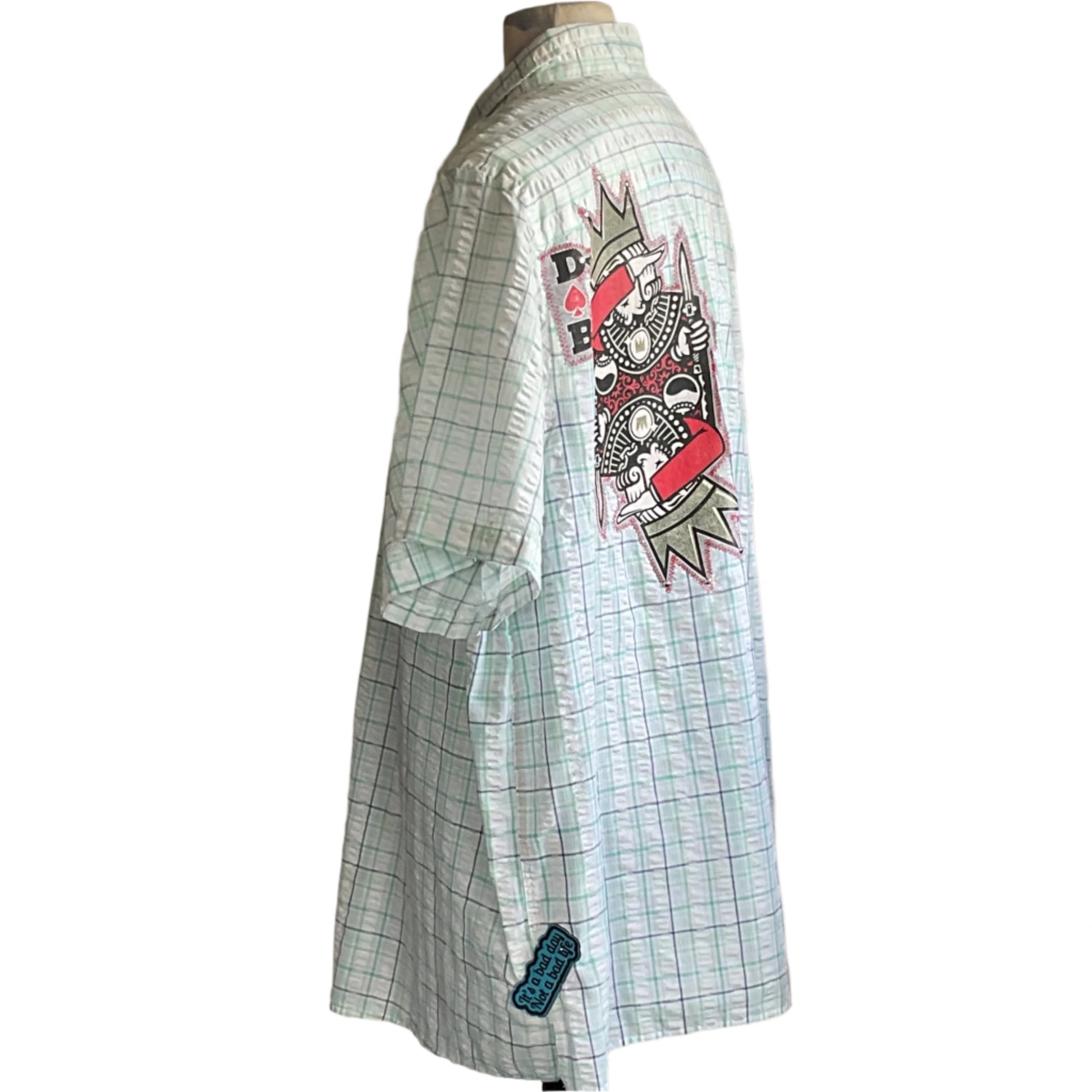 KING DB Men's Custom BEAR SIZE 4XL shirt with pastel plaid print, King of Spades motif, and decorative patch, displayed on mannequin.