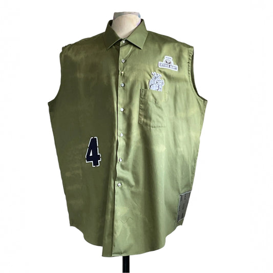 AS REAL AS IT GETS | Men's Custom BEAR SIZE Sleeveless Shirt | 3 XL, olive-green, with unique black-and-white appliqué details, including “4” and “DEVIOUS SAINT” patches.