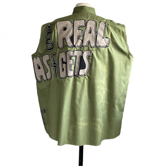 AS REAL AS IT GETS | Men's Custom BEAR SIZE Sleeveless Shirt | 3 XL, featuring appliquéd back lettering on olive-green fabric, embodies bold, authentic style.