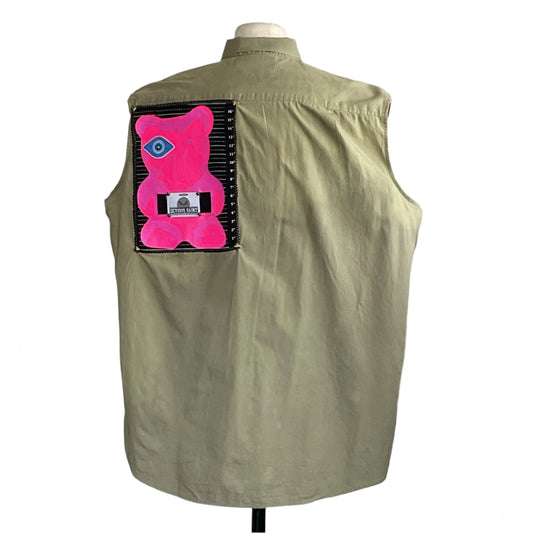 PINK GUMMY BEAR | Men's Custom BEAR SIZE Sleeveless Shirt | 3 XL features a hot-pink teddy bear mugshot patch on the back, mounted on a dress form.