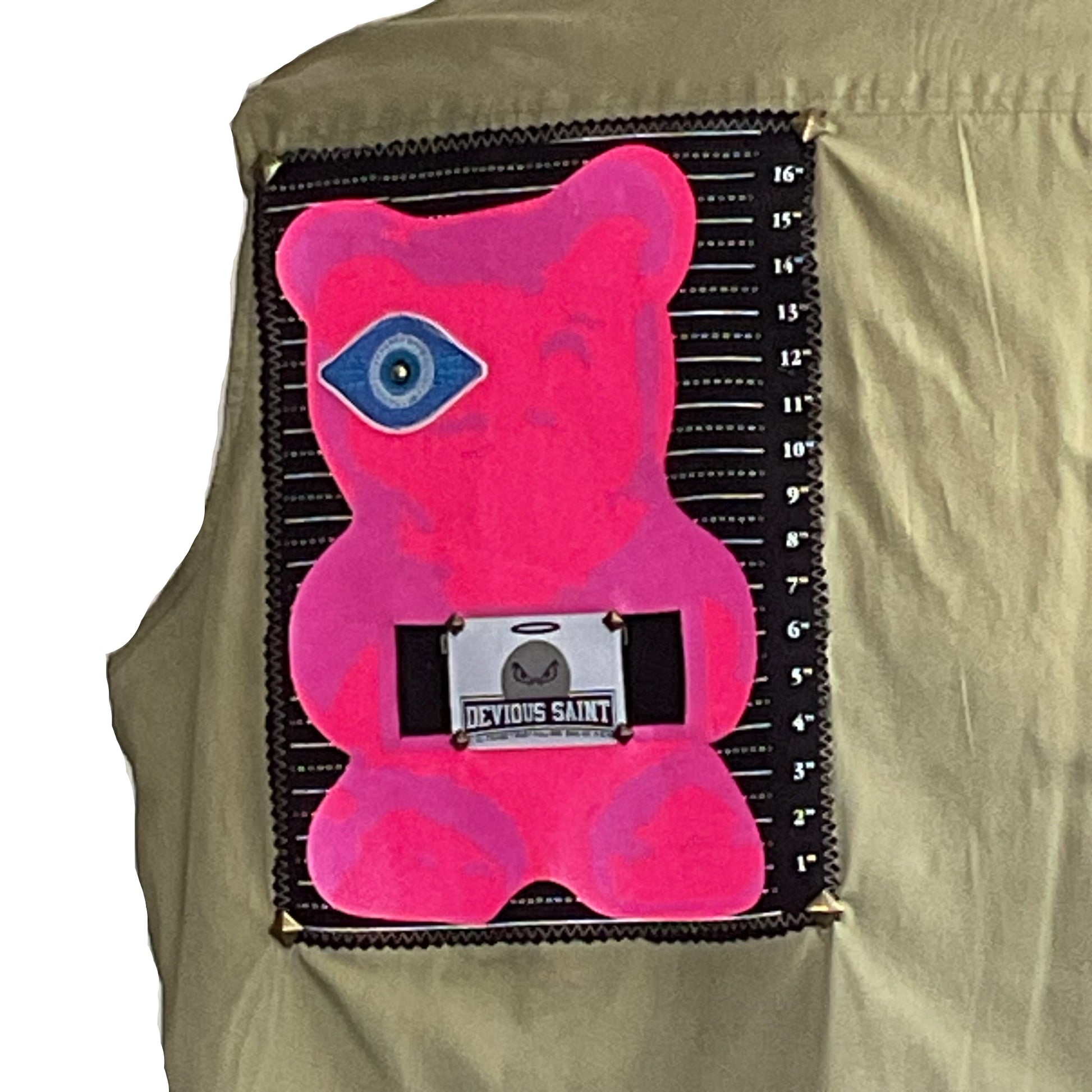 PINK GUMMY BEAR | Men's Custom BEAR SIZE Sleeveless Shirt | 3 XL, inspired by a gummy bear target, clipped on khaki fabric vest.