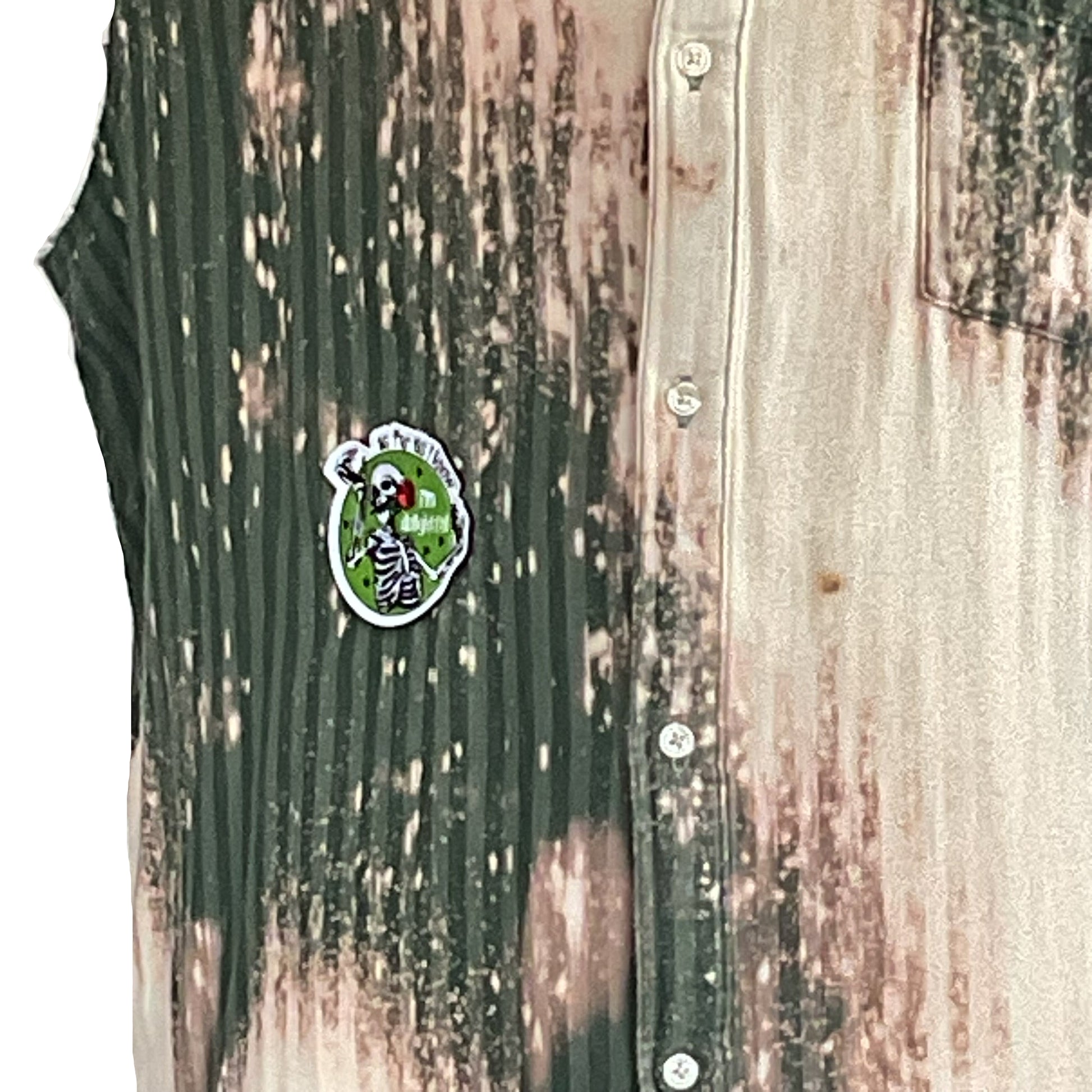 PATCHWORK BEAR Men's Custom BEAR SIZE Sleeveless Shirt 3 XL features a rugged design with a skeleton golf patch on mottled green and tan corduroy.