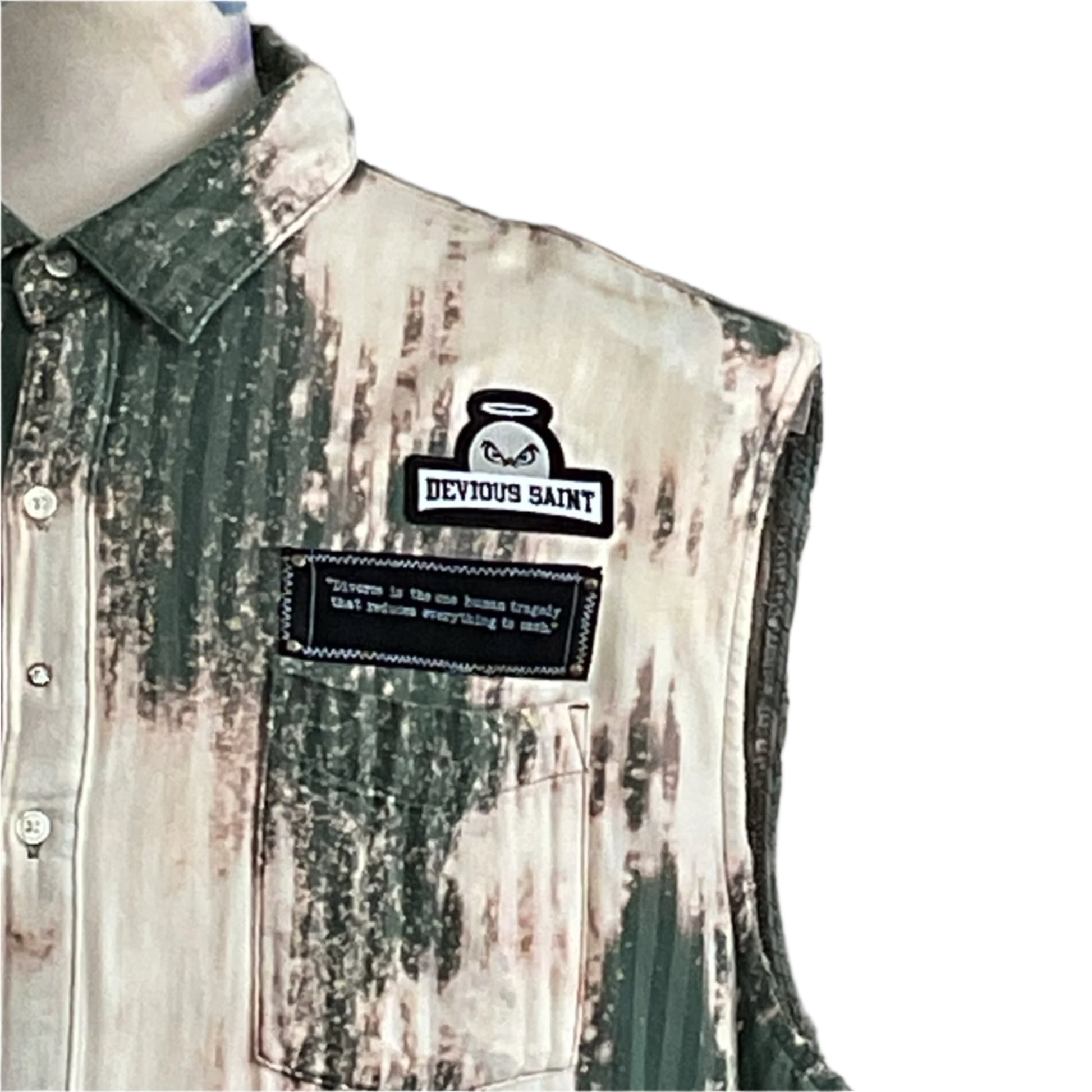 PATCHWORK BEAR | Men's Custom BEAR SIZE Sleeveless Shirt | 3 XL features a distressed camo print, point collar, chest pocket, and unique DEVIOUS SAINT patchwork design.
