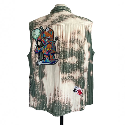 Patchwork Bear sleeveless shirt in 3XL, tie-dyed green/off-white, with cartoon bear and handprint patches, embodies a bold, DIY streetwear aesthetic.