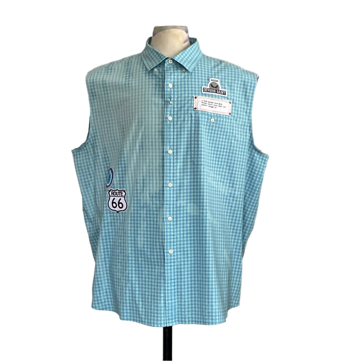 WARNING: YOU COULD GO BLIND… | Men's Custom BEAR SIZE Sleeveless Shirt features aqua-and-white gingham, patches, and button-front design on a mannequin torso.