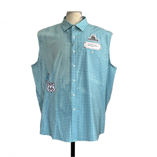 WARNING: YOU COULD GO BLIND… | Men's Custom BEAR SIZE Sleeveless Shirt features aqua-and-white gingham, patches, and button-front design on a mannequin torso.