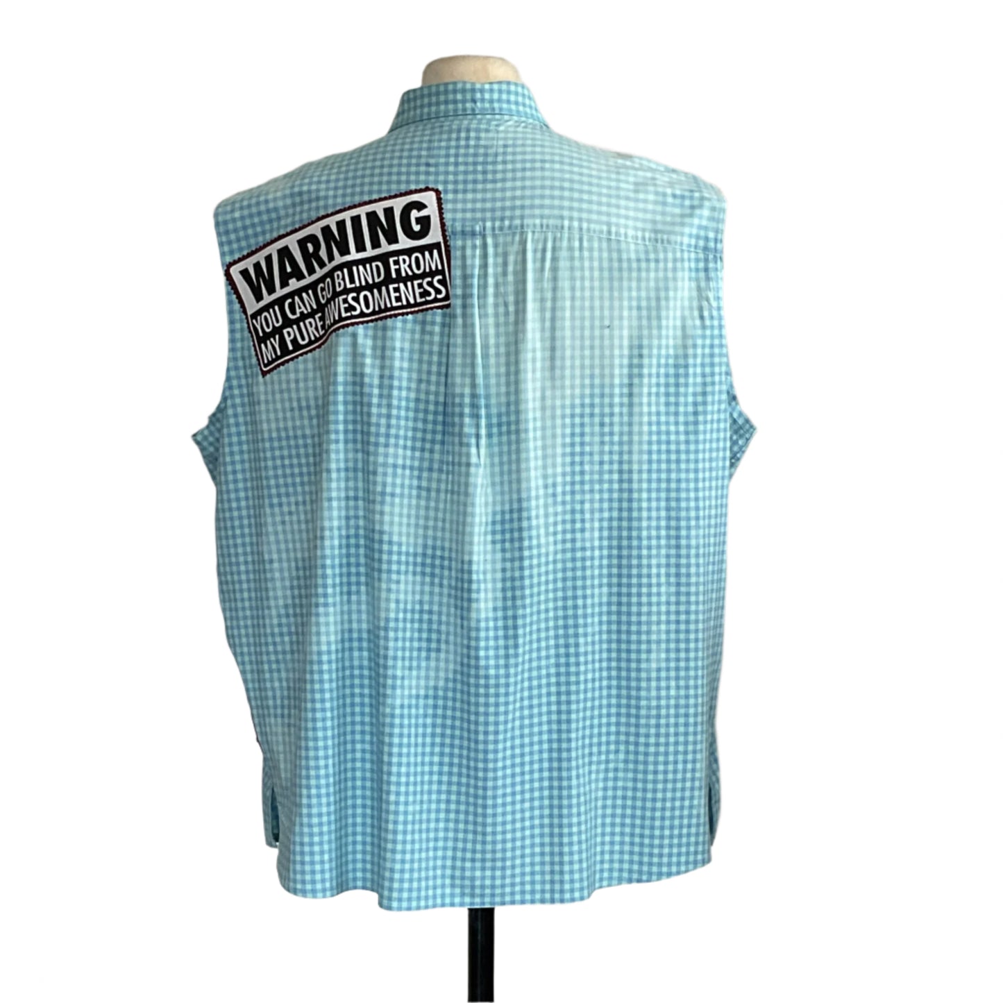 Back view of a light blue gingham sleeveless shirt with a bold patch reading, WARNING: You can go blind from my pure awesomeness, embodying confident, unique style.
