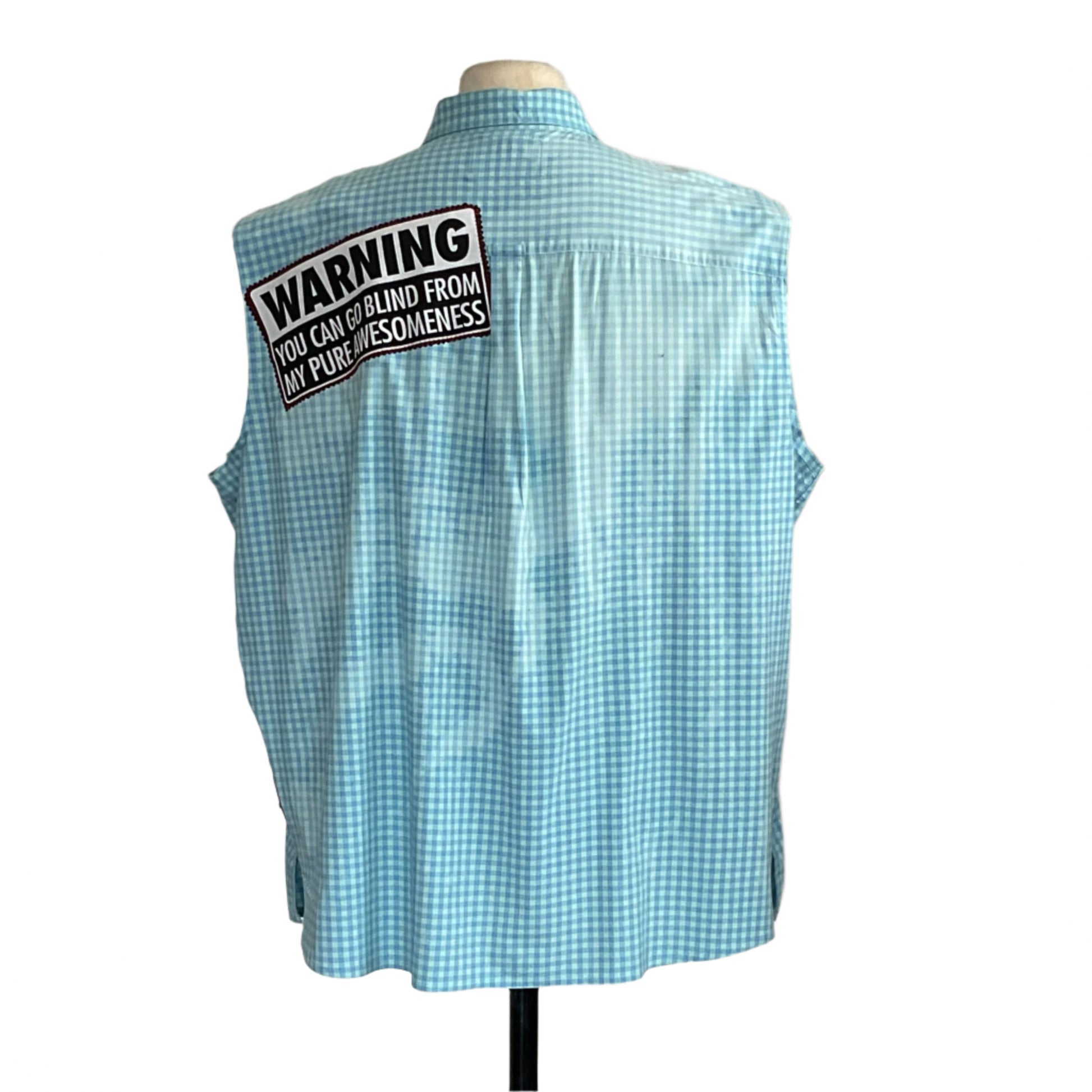 Back view of a light blue gingham sleeveless shirt with a bold patch reading, WARNING: You can go blind from my pure awesomeness, embodying confident, unique style.