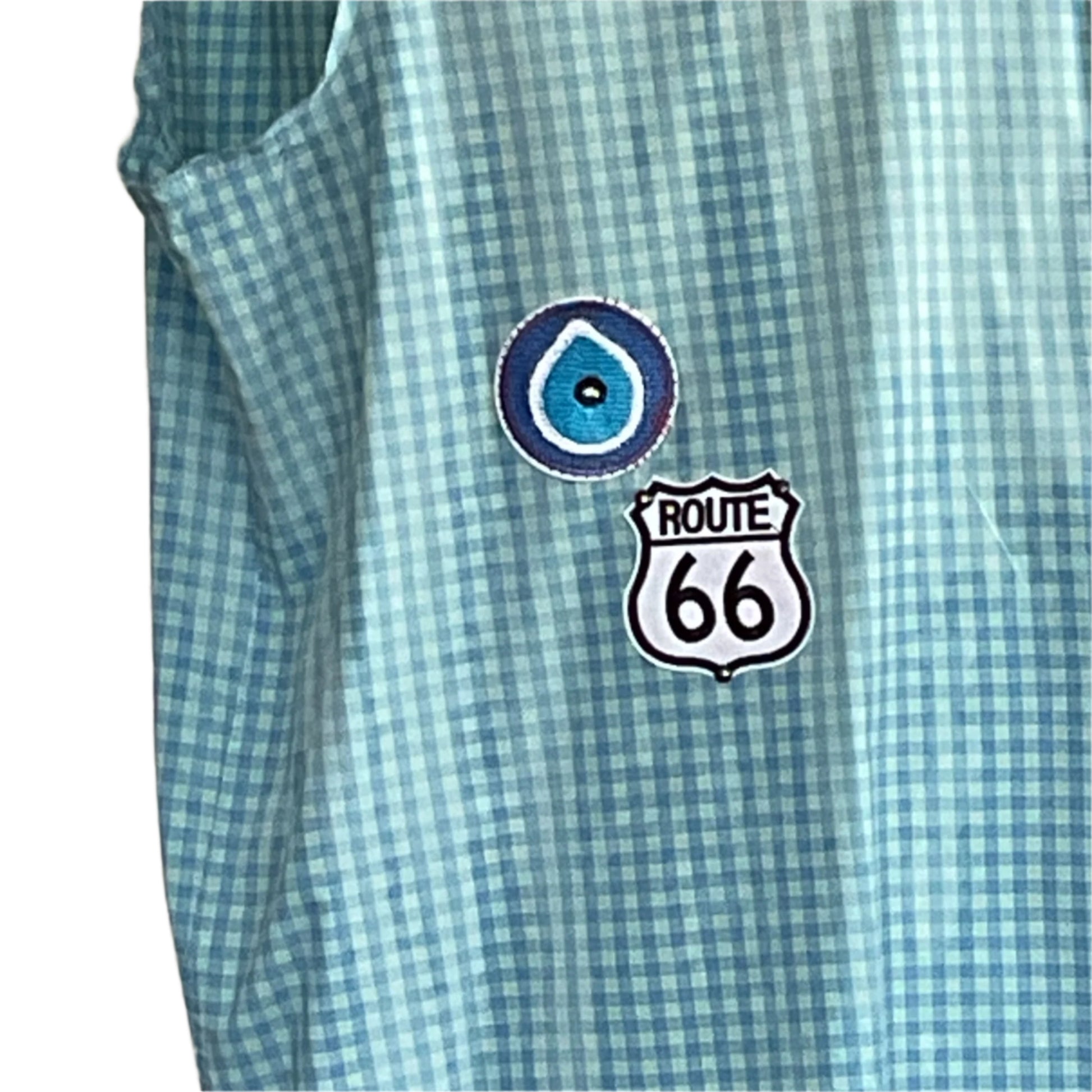 WARNING: YOU COULD GO BLIND… Men's Custom BEAR SIZE Sleeveless Shirt, 3XL, light blue-and-white gingham with evil-eye and Route 66 patches, bold and distinctive.