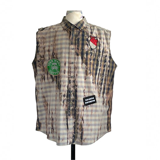 SEXY BEAR | Men's Custom BEAR SIZE Sleeveless Shirt 2XL with plaid pattern, bleached effect, and unique patches: Star Wars, heart, and text.