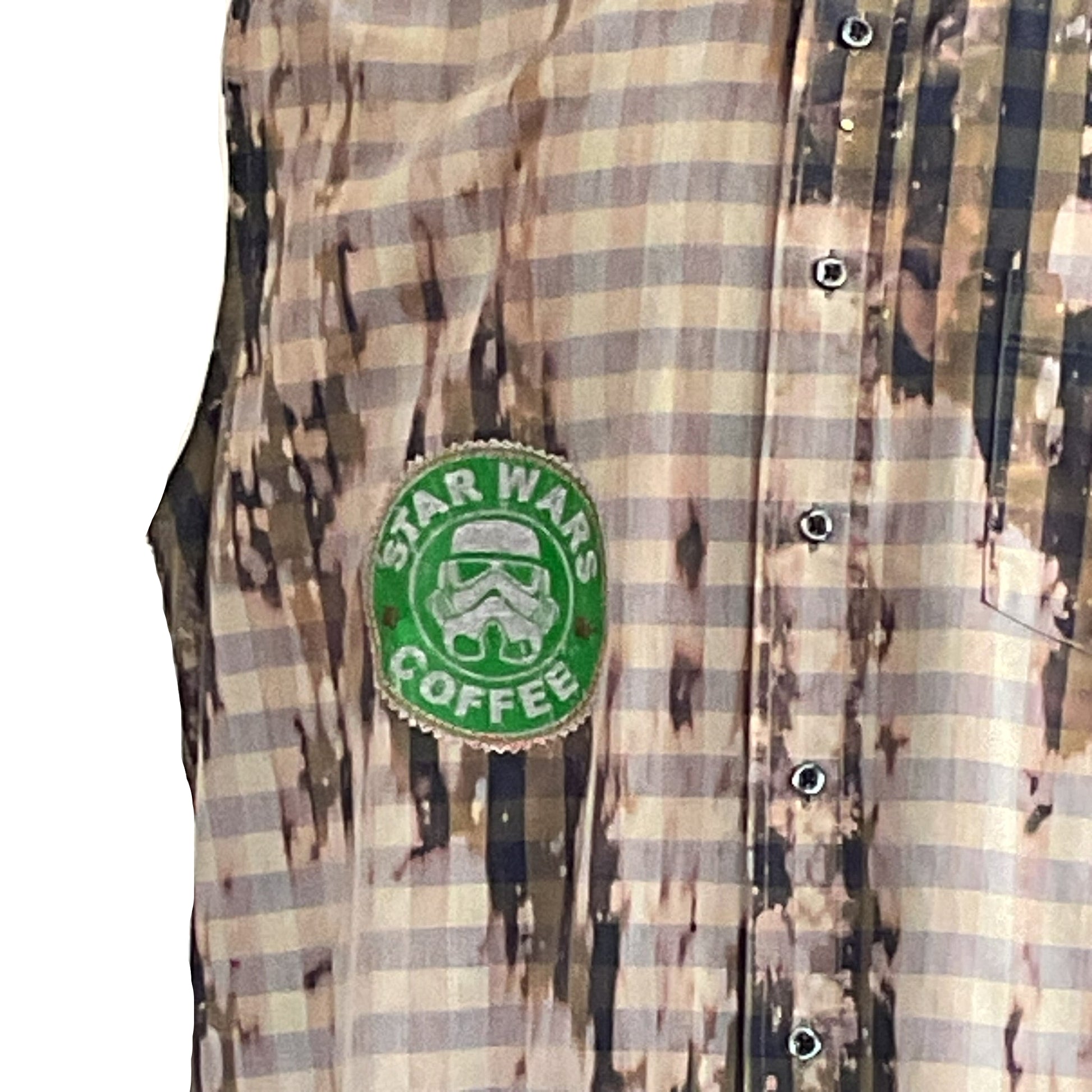 SEXY BEAR Men's Custom BEAR SIZE Sleeveless Shirt, 2XL; plaid with a STAR WARS COFFEE patch featuring a stormtrooper helmet on the chest.