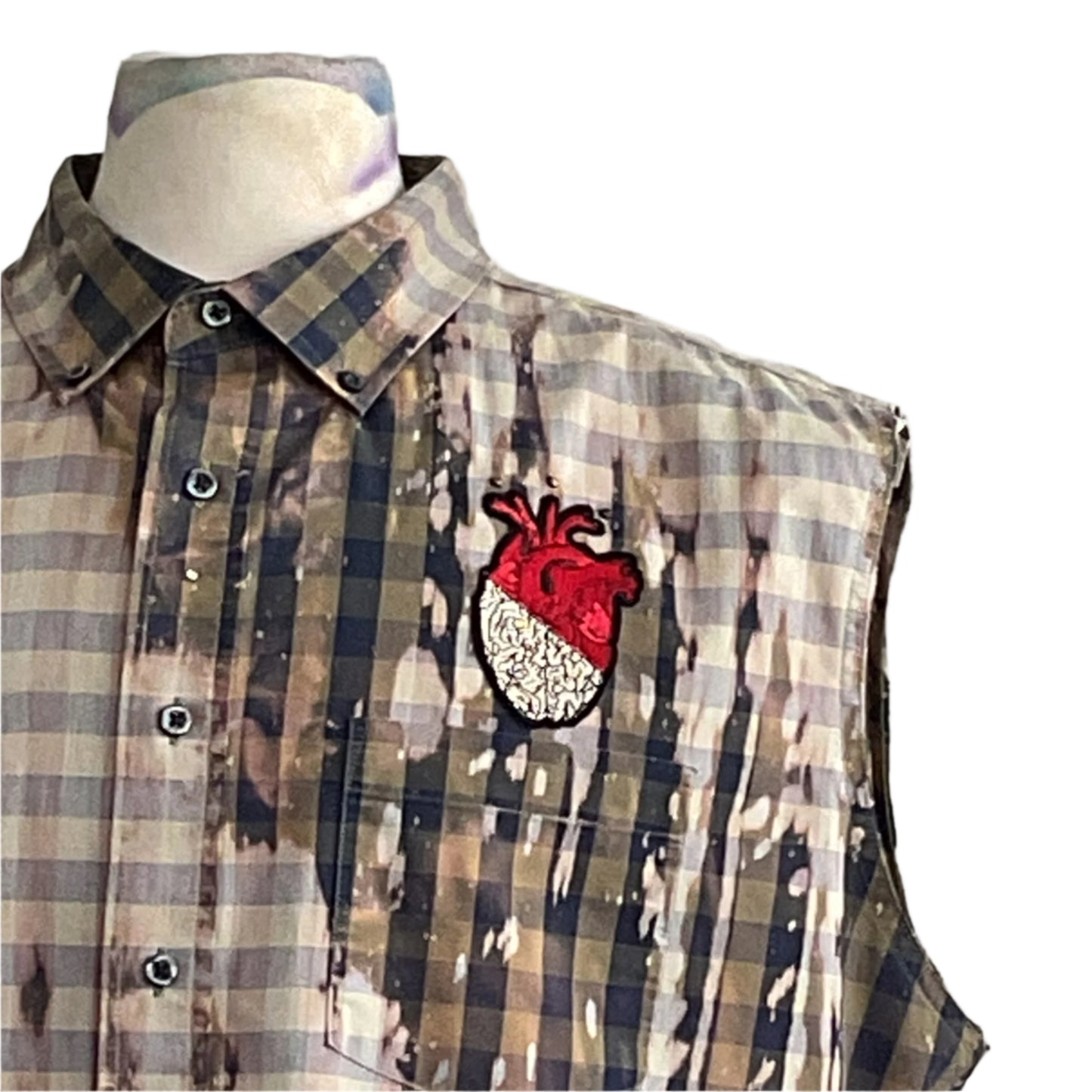 SEXY BEAR Men's Custom Sleeveless Shirt in 2XL, featuring a plaid pattern with unique heart-brain patch, embodying rugged outdoor style from DEVIOUS SAINT.