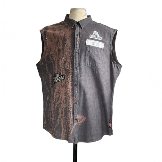 OVER REACTING Men's Custom BEAR SIZE Sleeveless Shirt, 2XL; acid-washed left, charcoal right, DEVIOUS SAINT patch, graffiti accents, red motif, playful and bold design.