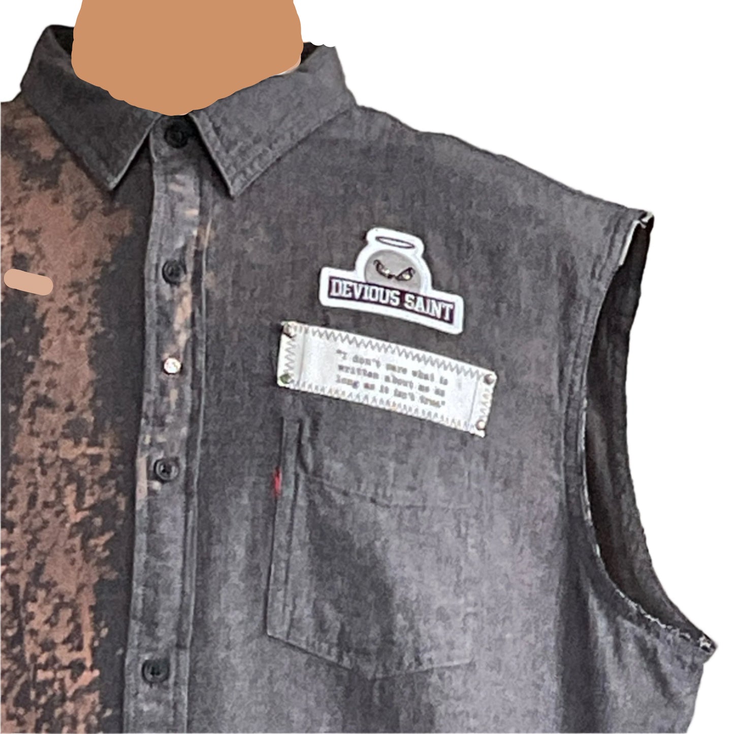 OVER REACTING Men's Custom BEAR SIZE Sleeveless Shirt in 2XL features an acid-washed panel and DEVIOUS SAINT patches, embodying bold, unique wearable art.