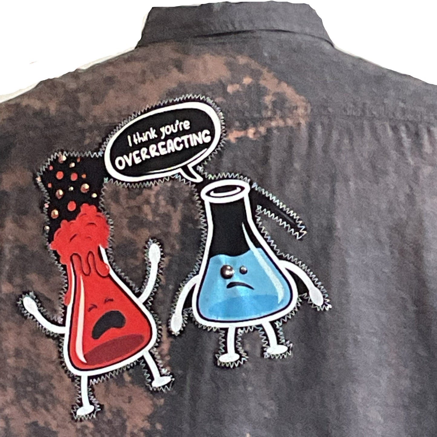 OVER REACTING | Men's Custom BEAR SIZE Sleeveless Shirt | 2 XL features an erupting red flask and a speech-bubble-equipped blue flask, adding humor and boldness.