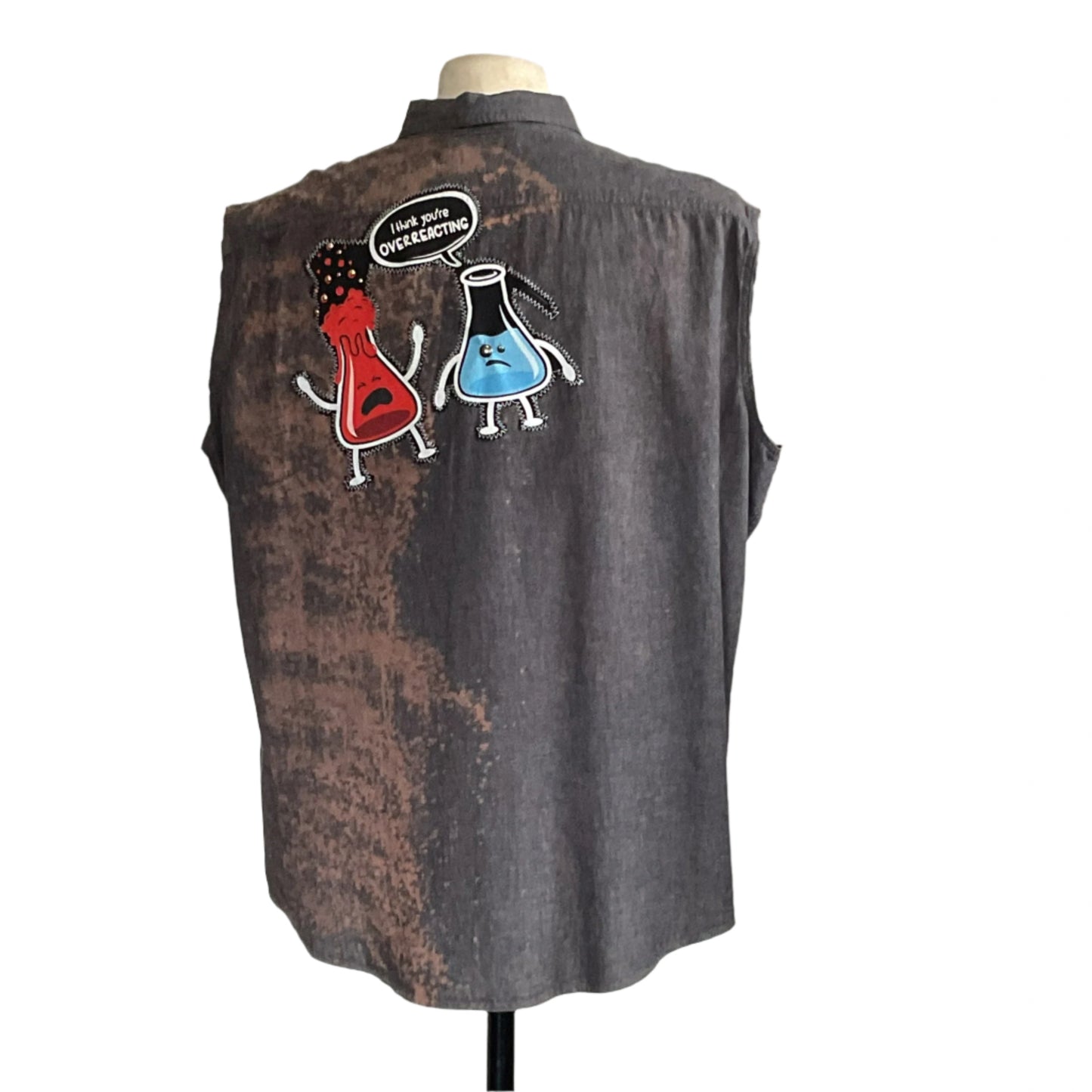 OVER REACTING | Men's Custom BEAR SIZE Sleeveless Shirt | 2 XL features playful cartoon chemistry flasks with a pun, showcasing DEVIOUS SAINT's unique and bold wearable art style.