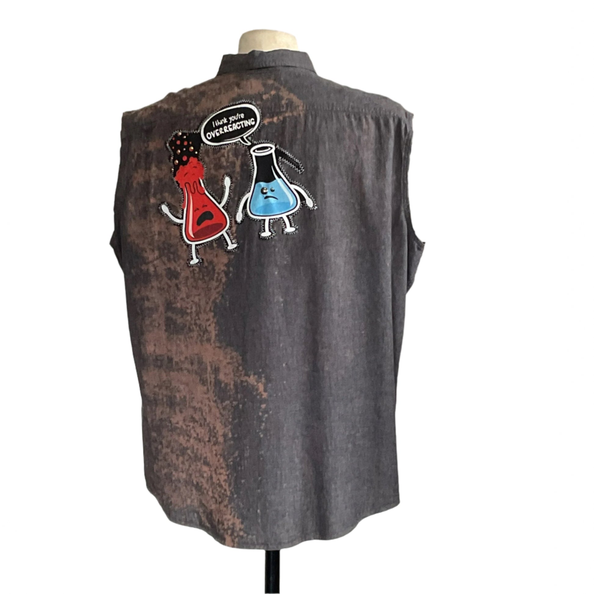 OVER REACTING | Men's Custom BEAR SIZE Sleeveless Shirt | 2 XL features playful cartoon chemistry flasks with a pun, showcasing DEVIOUS SAINT's unique and bold wearable art style.