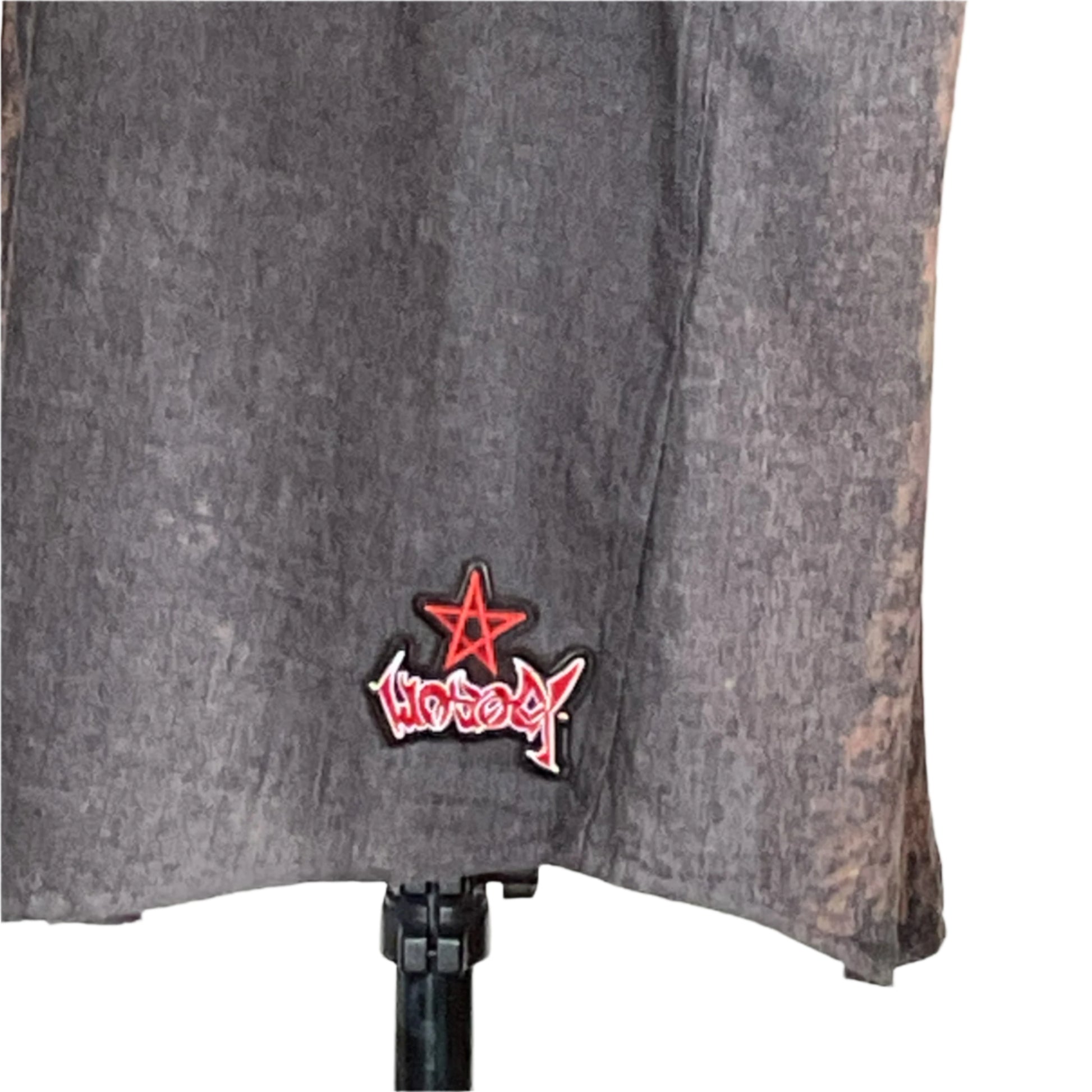OVER REACTING Men's Custom BEAR SIZE Sleeveless Shirt in 2XL, featuring a red star and graffiti-style text on a charcoal-gray hem.