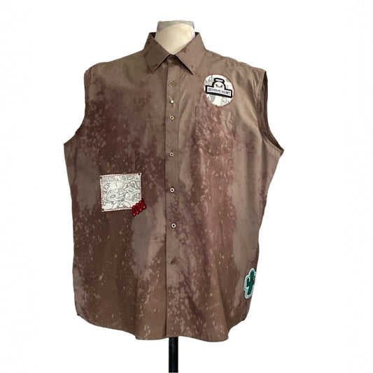 BERLIN BEAR | Men's Custom BEAR SIZE Sleeveless Shirt | 2 XL, featuring a mottled brown fabric with “DEVIOUS SAINT,” doodle, and cactus patches.