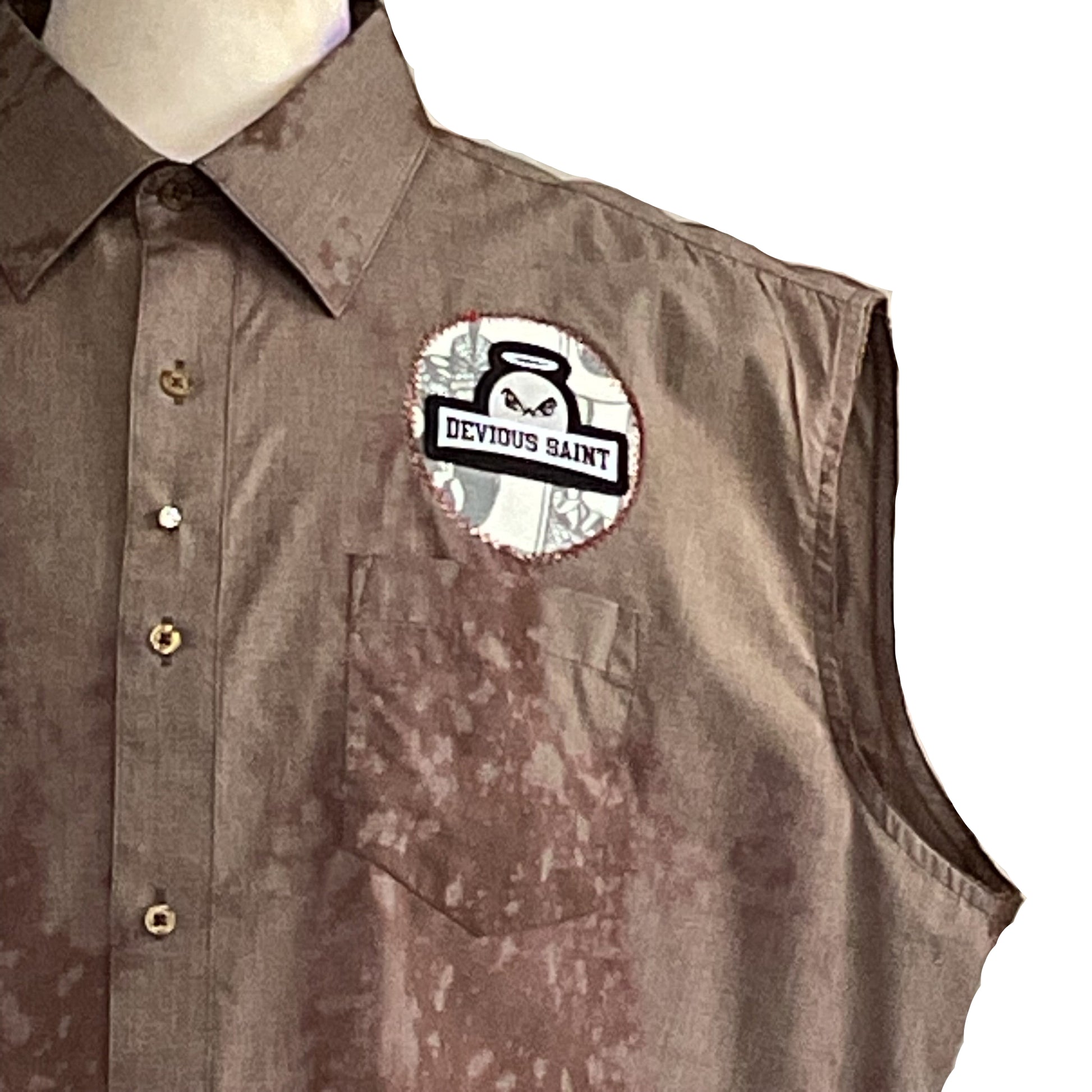 BERLIN BEAR Men's Custom BEAR SIZE Sleeveless Shirt 2 XL with embroidered DEVIOUS SAINT patch, featuring a mottled design for bold, unique style.