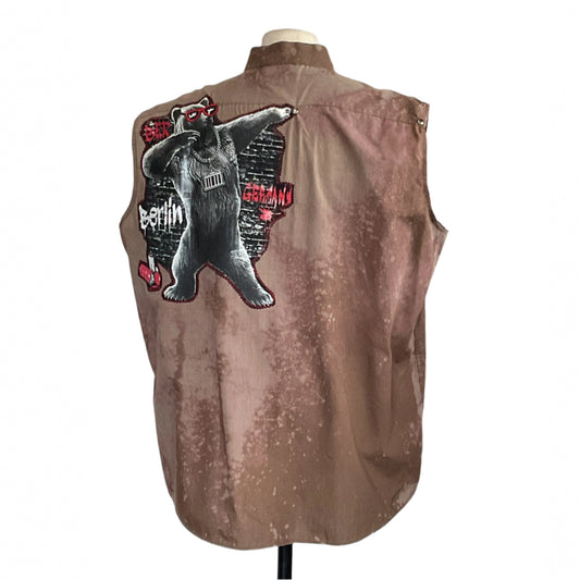 Back view of BERLIN BEAR men's custom sleeveless shirt featuring a dabbing cartoon bear patch with Berlin graffiti, red sunglasses, and boxing gloves.
