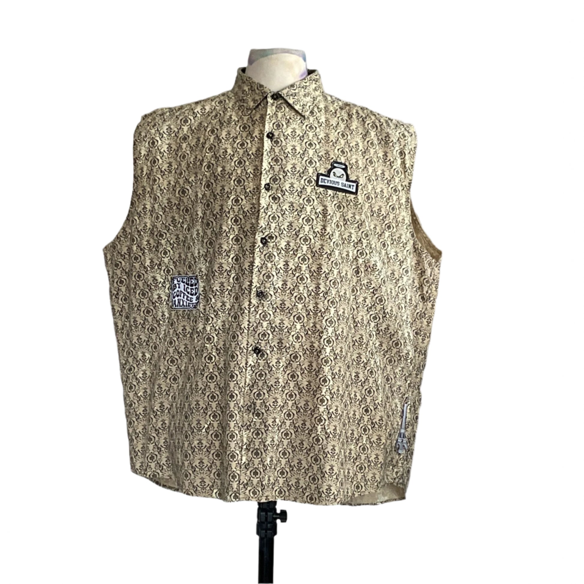 BEARDS | Men's Custom BEAR SIZE Sleeveless Shirt | 2 XL features geometric print, embroidered patches, and a zipper detail, showcasing bold, unique style on a mannequin.