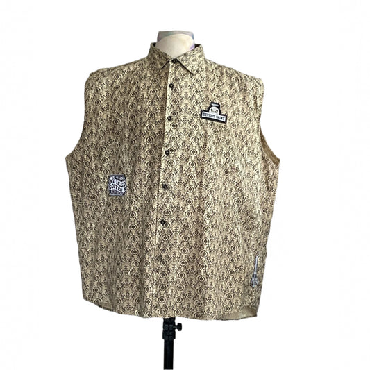 BEARDS | Men's Custom BEAR SIZE Sleeveless Shirt | 2 XL features geometric print, embroidered patches, and a zipper detail, showcasing bold, unique style on a mannequin.