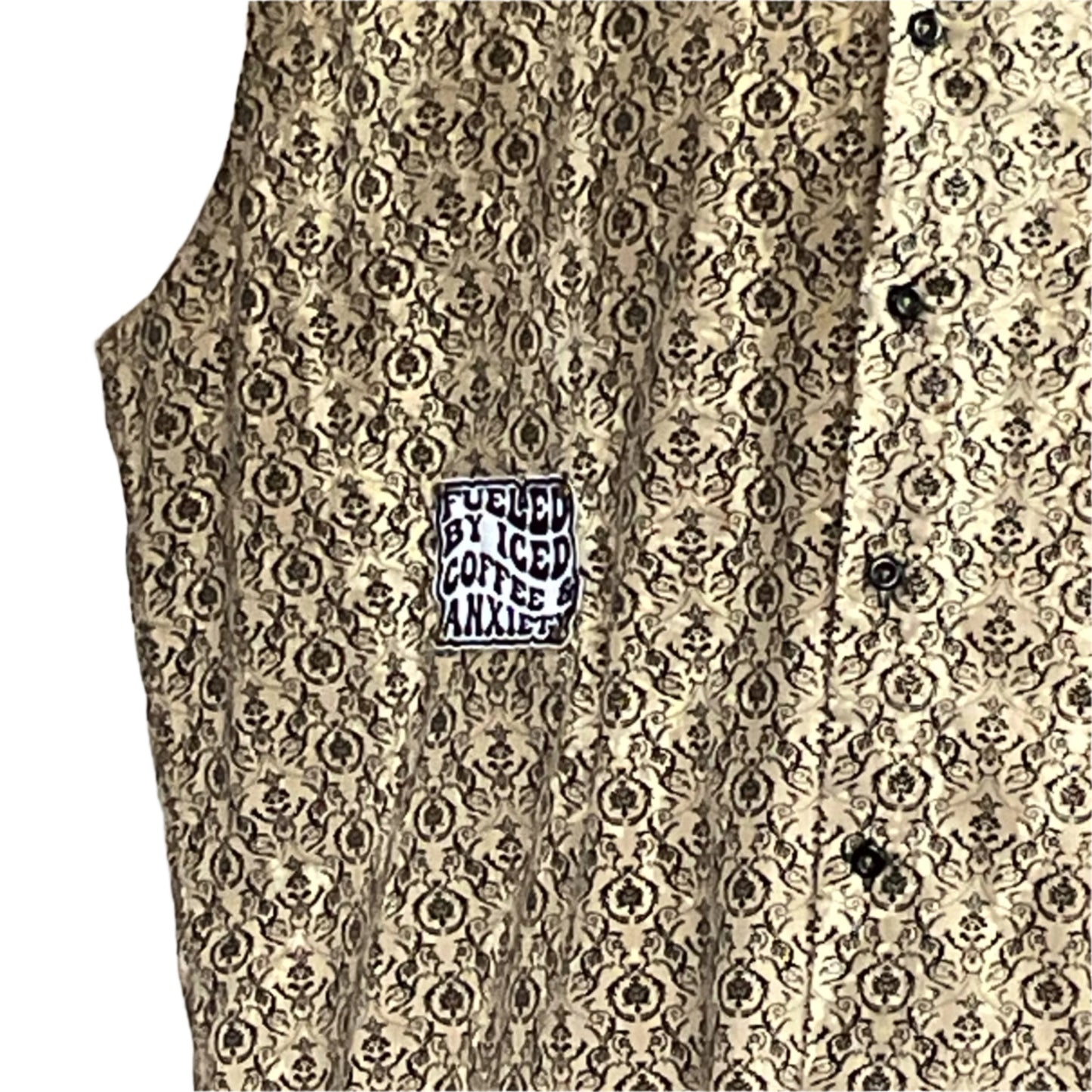 BEARDS Men's Custom BEAR SIZE 2XL sleeveless shirt with dark ornamental motif and FUELED BY ICED COFFEE & ANXIETY patch, fastens with dark snaps.