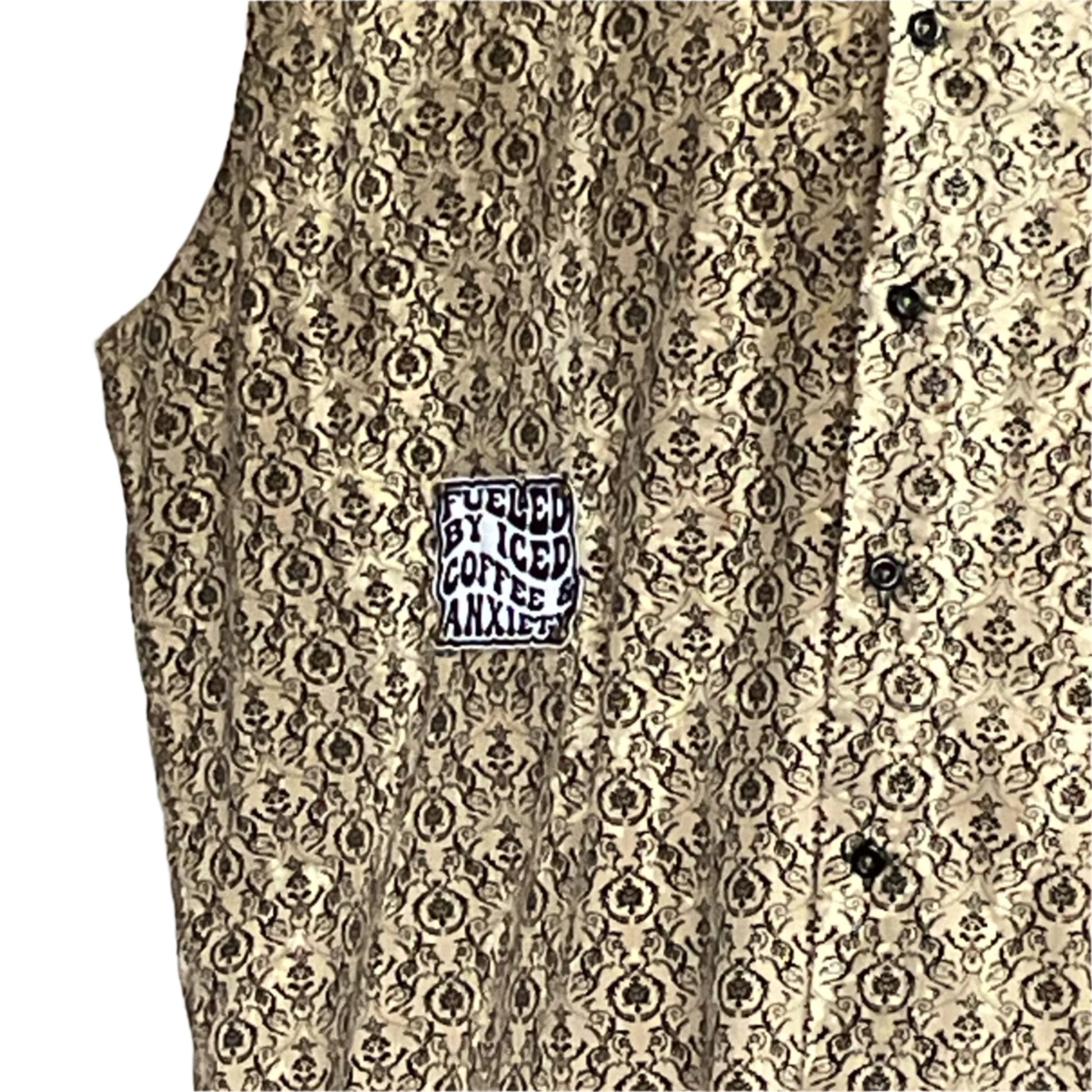 BEARDS Men's Custom BEAR SIZE 2XL sleeveless shirt with dark ornamental motif and FUELED BY ICED COFFEE & ANXIETY patch, fastens with dark snaps.