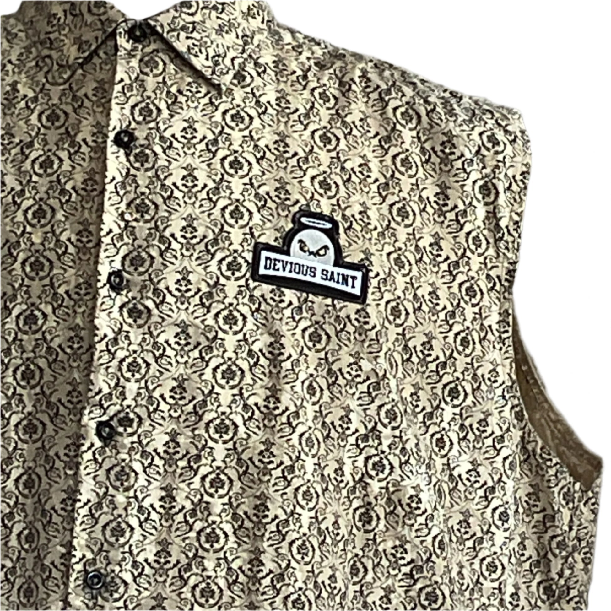 BEARDS | Men's Custom BEAR SIZE Sleeveless Shirt 2 XL in damask print, features an embroidered DEVIOUS SAINT patch, offering a bold, unique style.