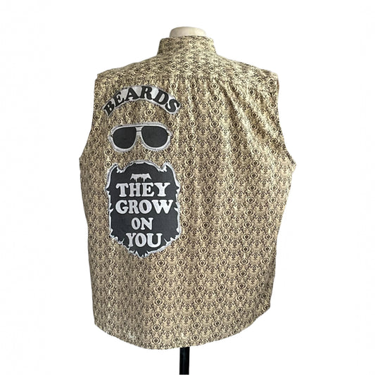 BEARDS | Men's Custom BEAR SIZE Sleeveless Shirt 2 XL featuring a tan pattern and bold BEARDS graphic on the back, embodying confidence and unique style.