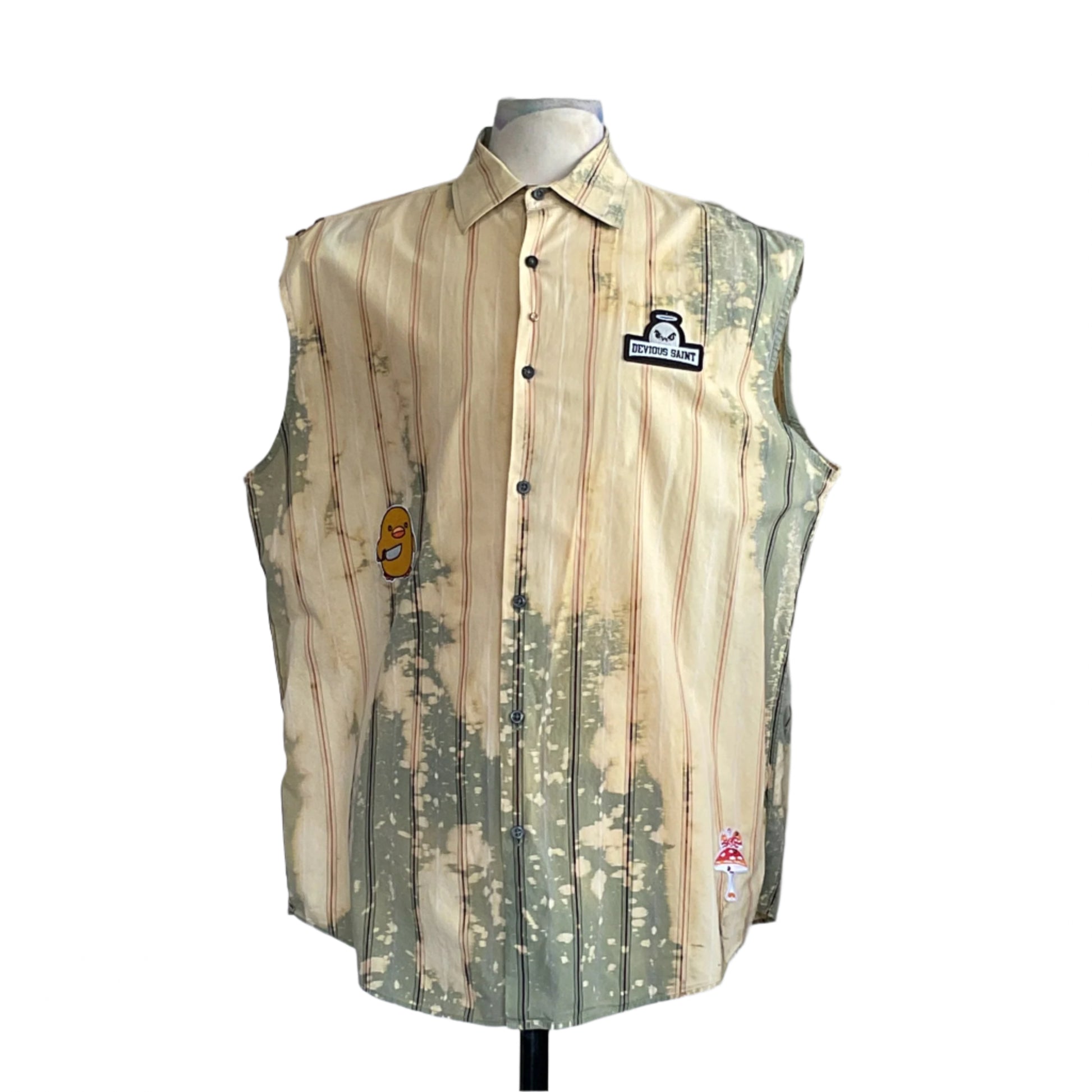 PAPA BEAR | Men's Custom BEAR SIZE Sleeveless Shirt | EXTRA LARGE, featuring raw-edge armholes, tie-dye stripes, and three patches, on dress form.