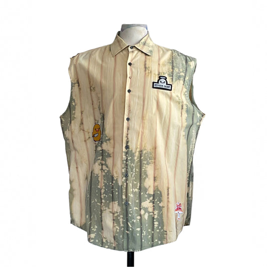 PAPA BEAR | Men's Custom BEAR SIZE Sleeveless Shirt | EXTRA LARGE, featuring raw-edge armholes, tie-dye stripes, and three patches, on dress form.