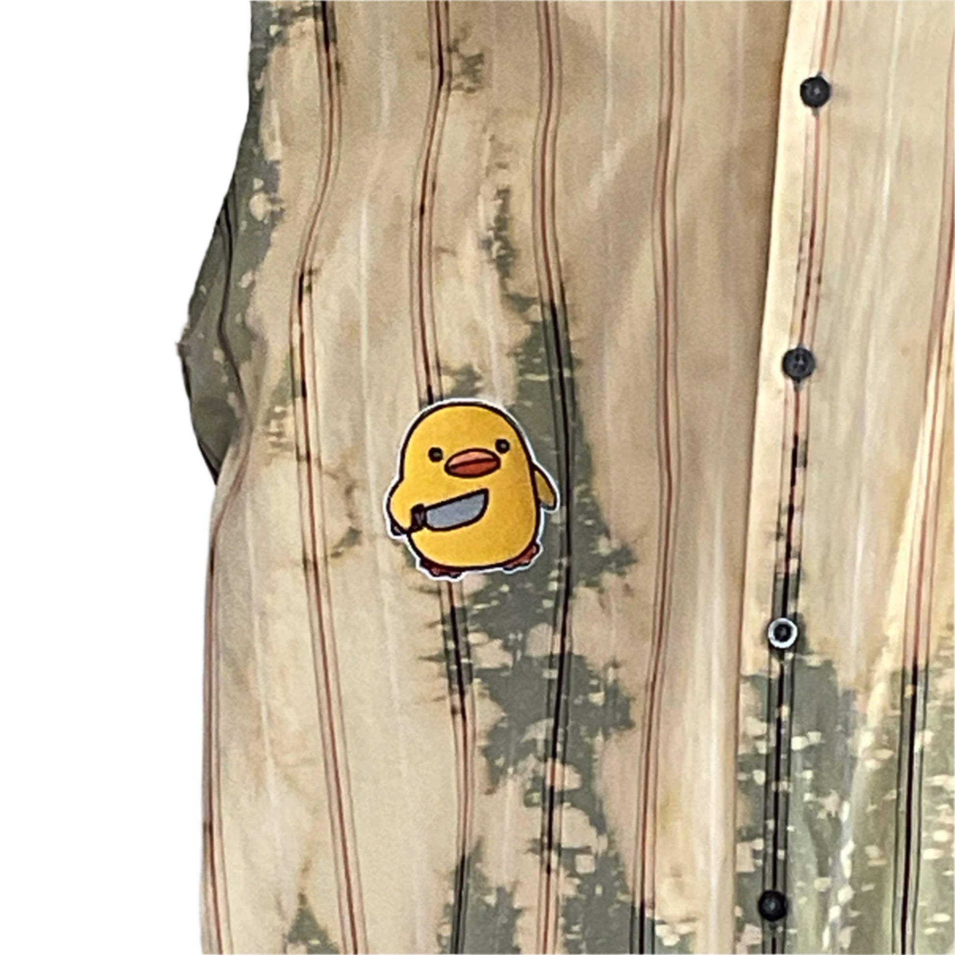 PAPA BEAR | Men's Custom BEAR SIZE Sleeveless Shirt, EXTRA LARGE, tan-and-olive with vertical stripes, camo-style wash, featuring a cartoon chick with a cleaver patch.