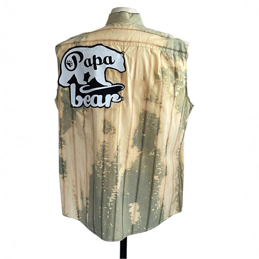 PAPA BEAR | Men's Custom BEAR SIZE Sleeveless Shirt | EXTRA LARGE, featuring a distressed style with a bear patch and Papa Bear text on the back.