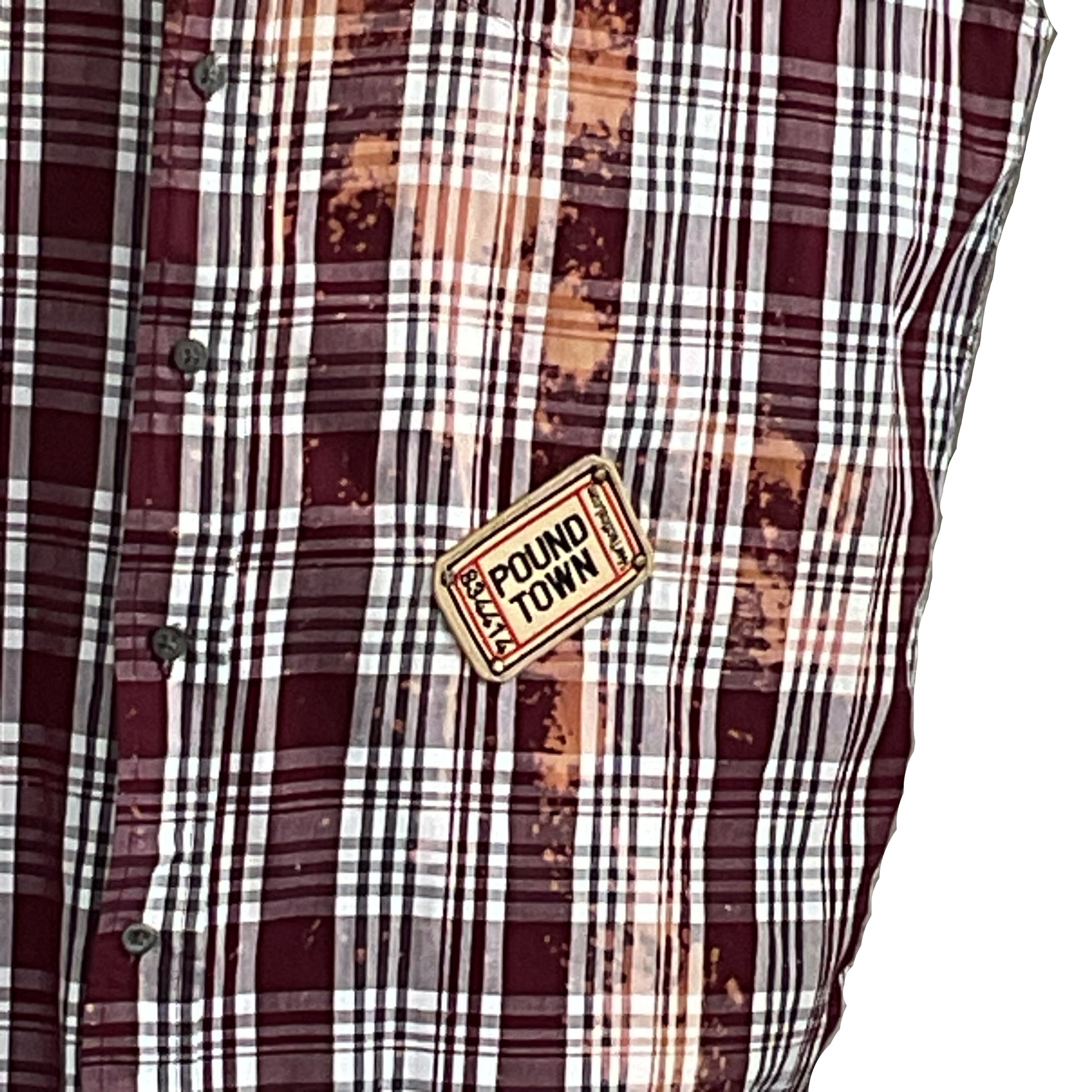 Maroon-and-white plaid sleeveless flannel with bleached spots, features POUND TOWN patch, embodying the bold, distinctive style of MASKED MONA LISA in extra-large.