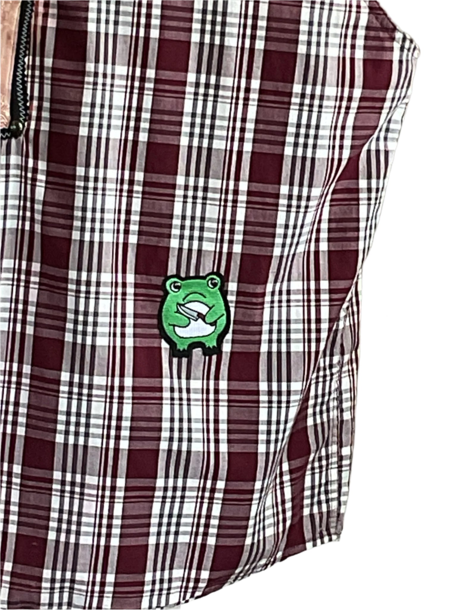 MASKED MONA LISA | Men's Custom BEAR SIZE Sleeveless Shirt | EXTRA LARGE, featuring a burgundy plaid fabric with an embroidered green frog patch holding a white envelope.