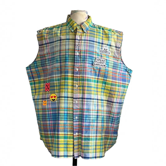 WITNESSING | Men's Custom BEAR SIZE Sleeveless Shirt | 3XL with rainbow plaid, patches DEVIOUS SAINT and I SPEAK FLUENT SARCASM, heart eyes emoji, and burger graphic.