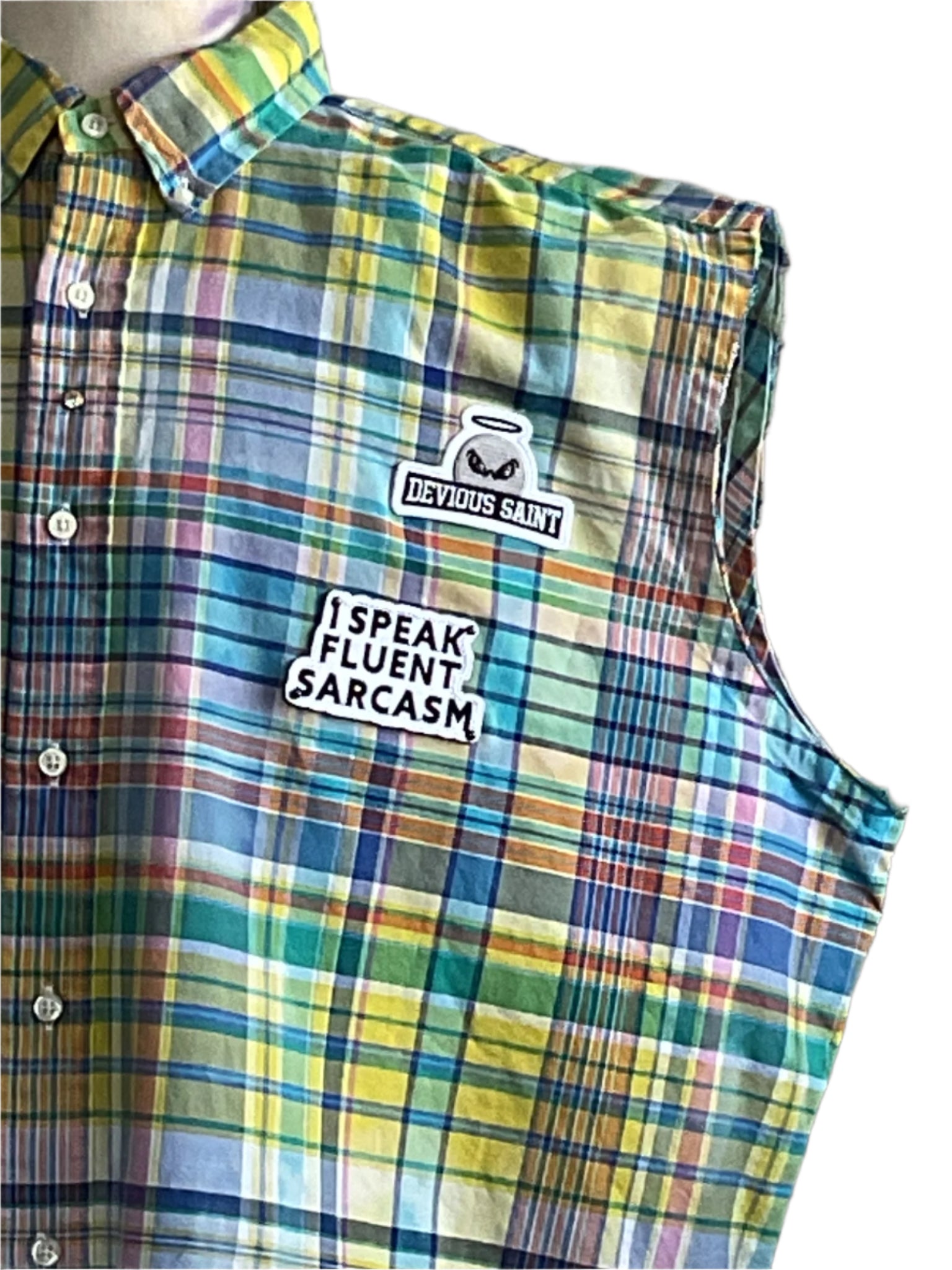 WITNESSING | Men's Custom BEAR SIZE Sleeveless Shirt | 3XL features rainbow plaid with bold patches, embodying confidence and individuality.