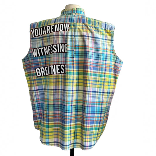 Back view of the WITNESSING men's custom BEAR SIZE sleeveless shirt, 3XL, featuring multicolored plaid and bold patches reading YOU ARE NOW WITNESSING GREATNESS.