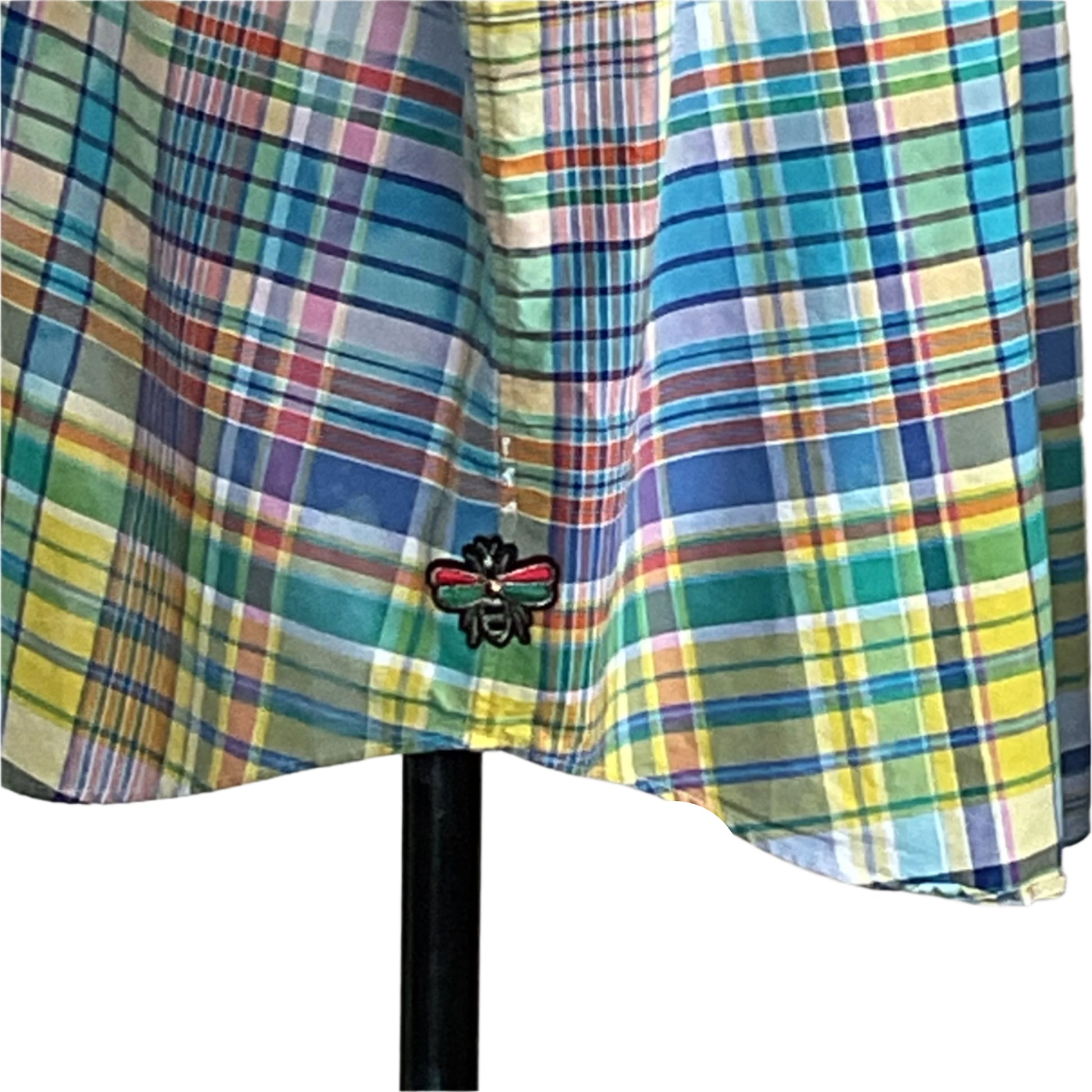 WITNESSING | Men's Custom BEAR SIZE Sleeveless Shirt | 3XL, in rainbow plaid, draped on mannequin, features embroidered bee near hem.