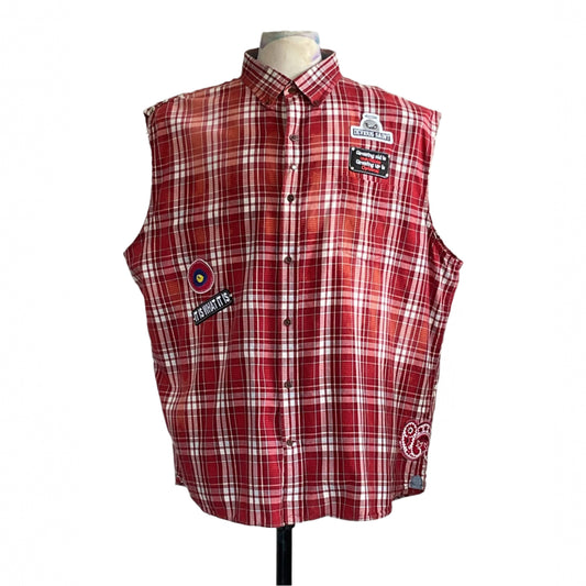 YOUR OPINION Men's Custom BEAR SIZE Sleeveless Shirt in 2XL, featuring red-and-white plaid and bold embroidered patches on a torso mannequin.