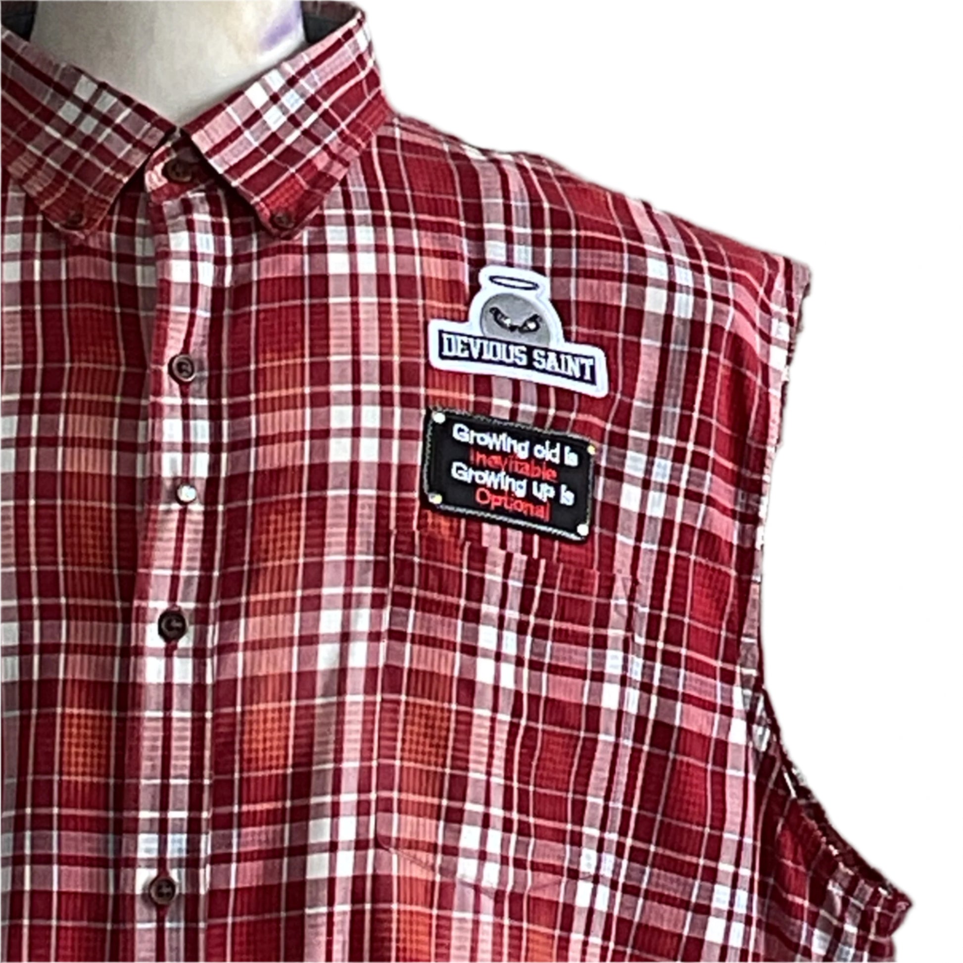 YOUR OPINION Men's Custom BEAR SIZE Sleeveless Shirt 2XL, red-and-white plaid with Devious Saint and slogan patches, on a mannequin.