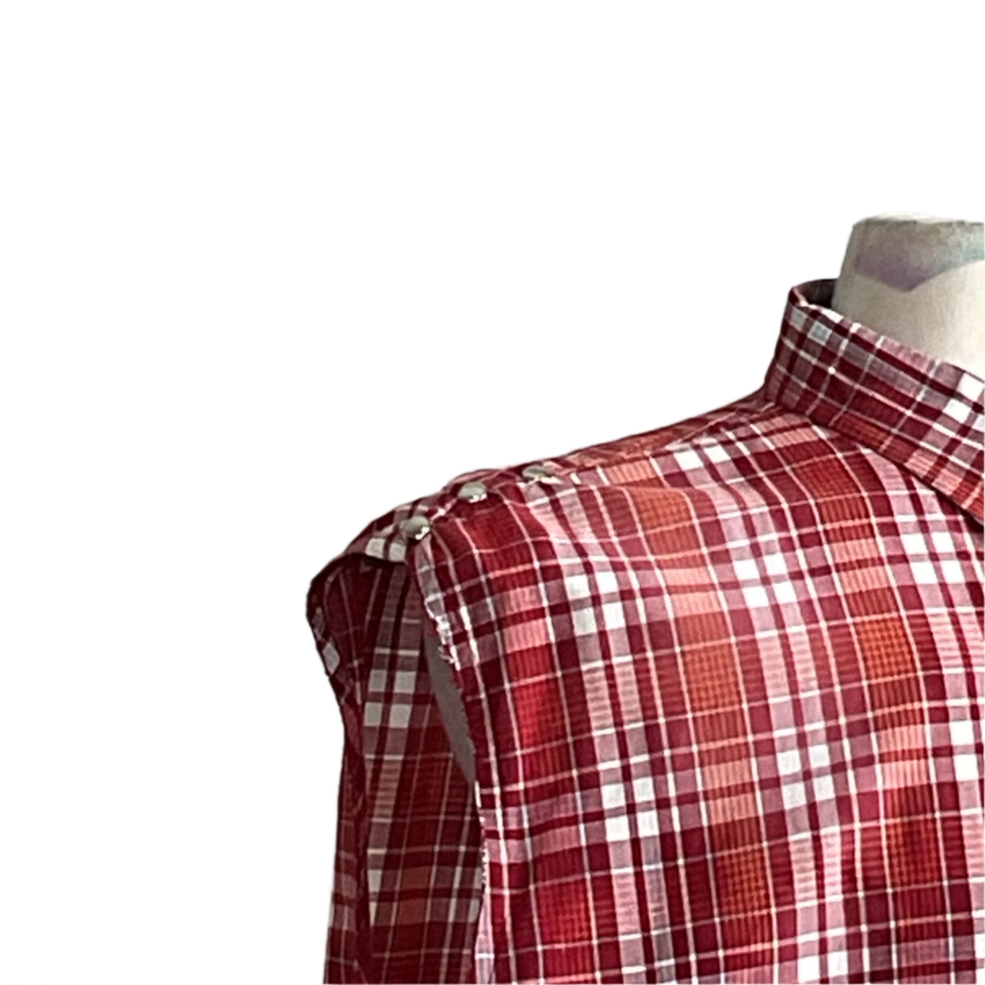 YOUR OPINION Men's Custom BEAR SIZE Sleeveless Shirt 2XL mid-alteration on mannequin, showcasing bold plaid design with pins at shoulder seam.