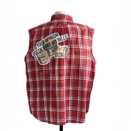 Back view of the YOUR OPINION Men's Custom BEAR SIZE Sleeveless Shirt, 2XL, featuring a cash bundle patch and slogan on red-and-white plaid.