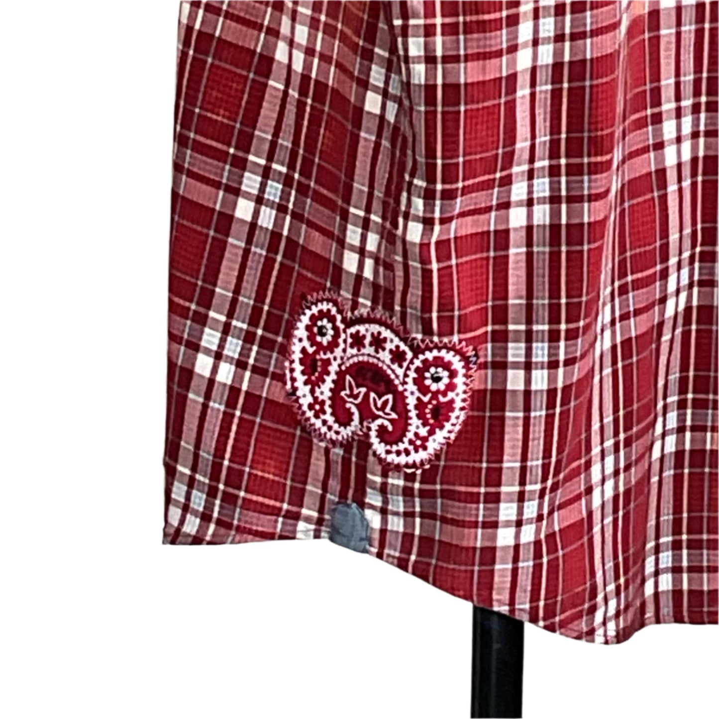 YOUR OPINION Men's Custom BEAR SIZE Sleeveless Shirt in red-and-white plaid with paisley patch, displayed on a stand, exemplifying bold, unique fashion.