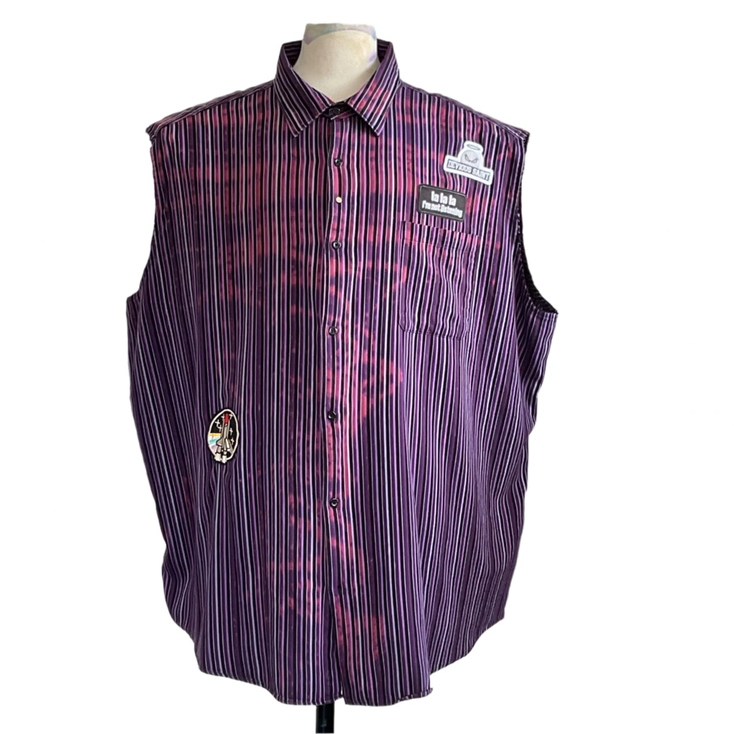 BEAR WHIZ 4 XL sleeveless shirt features purple-black pinstripes with bleach splashes, patches, and a humorous cartoon bear graphic, embodying DEVIOUS SAINT's bold, unique style.