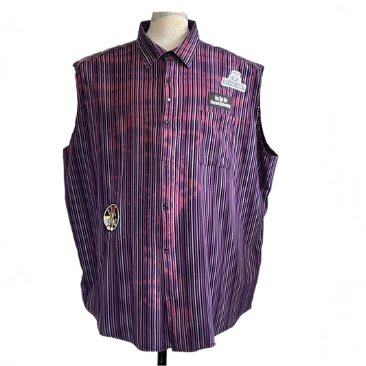 BEAR WHIZ 4 XL sleeveless shirt features purple-black pinstripes with bleach splashes, patches, and a humorous cartoon bear graphic, embodying DEVIOUS SAINT's bold, unique style.