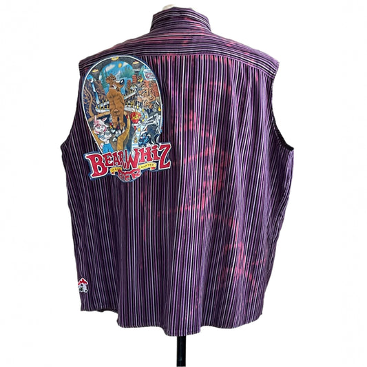 Back view of the BEAR WHIZ Men's Custom BEAR SIZE Sleeveless Shirt in 4 XL, featuring a vibrant “BearWhiz Beer” graphic with cartoon bears on purple-striped fabric.