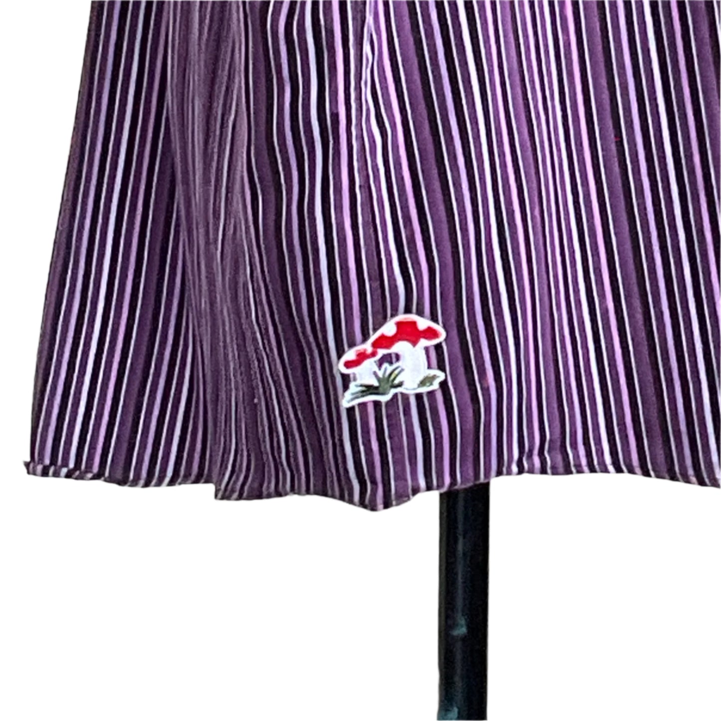 BEAR WHIZ men's custom sleeveless shirt in 4 XL, featuring a purple-and-white striped skirt design with embroidered mushroom patch near the hem.